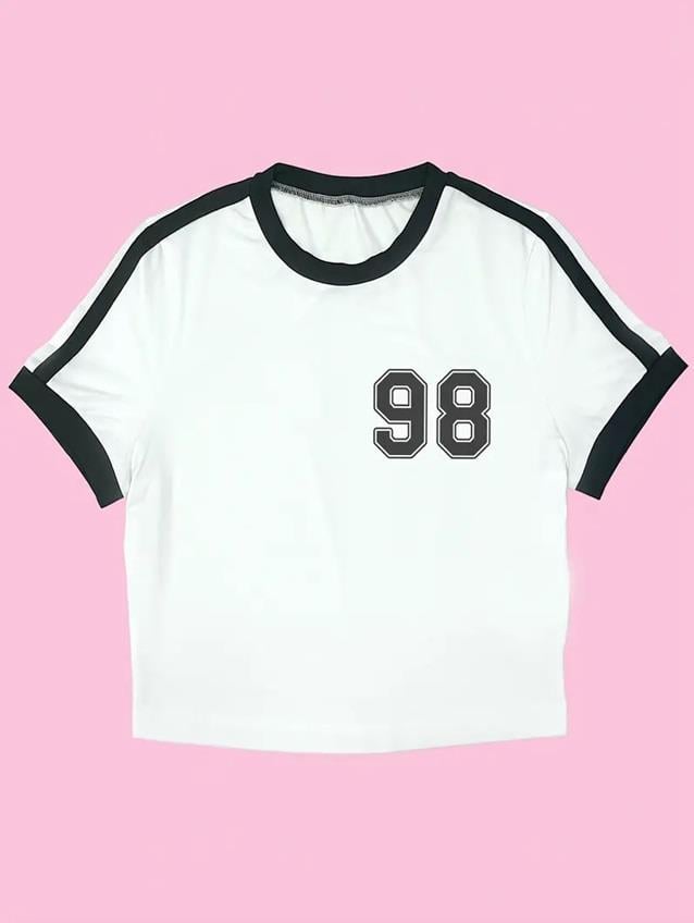 Toptan 98 Number Baskılı Şeritli Bluz Body Crop