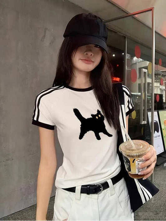Toptan Cat Baskılı Şeritli Bluz Body Crop