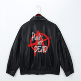 Punk's Not Dead Baskılı Streetwear Siyah Oversize Unisex Astarlı Deri Ceket