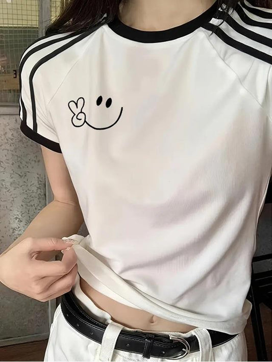 Toptan Smile Baskılı Şeritli Bluz Body Crop