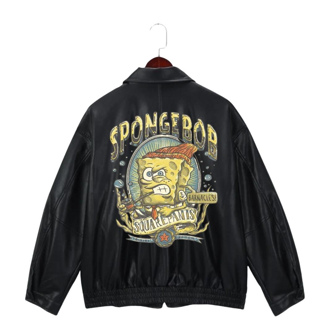 Sponge Bob Retro Baskılı Streetwear Siyah Oversize Unisex Astarlı Deri Ceket